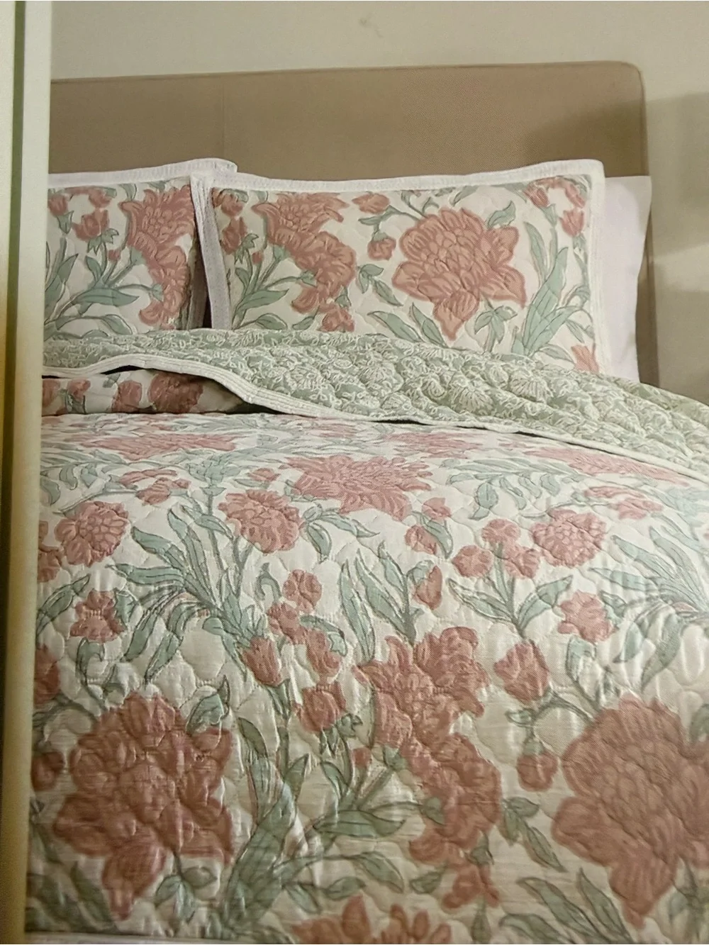Eloise + Eve Home Decor Floral Quilted 3-Piece Quilt Set in Cream, Pink & Green